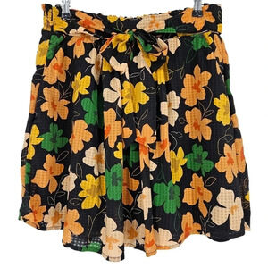 Who What Wear Flare Skirt Black Floral Tie Belt Pull On Stretch Waist